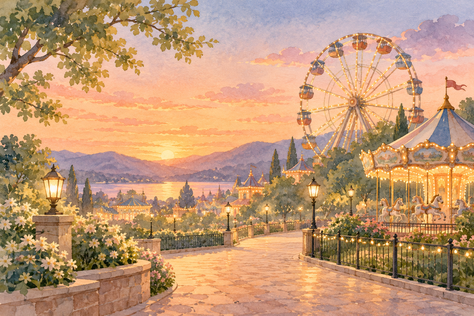 夕暮れの遊園地に灯る観覧車とメリーゴーランドの水彩風イラスト